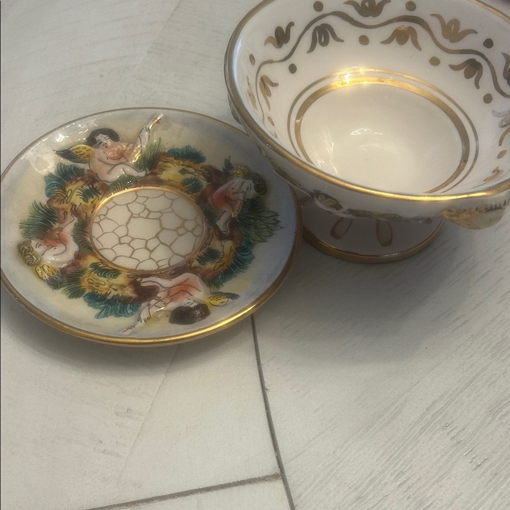 Vintage Capodimonte Small Pedestal Bowl and small saucer
